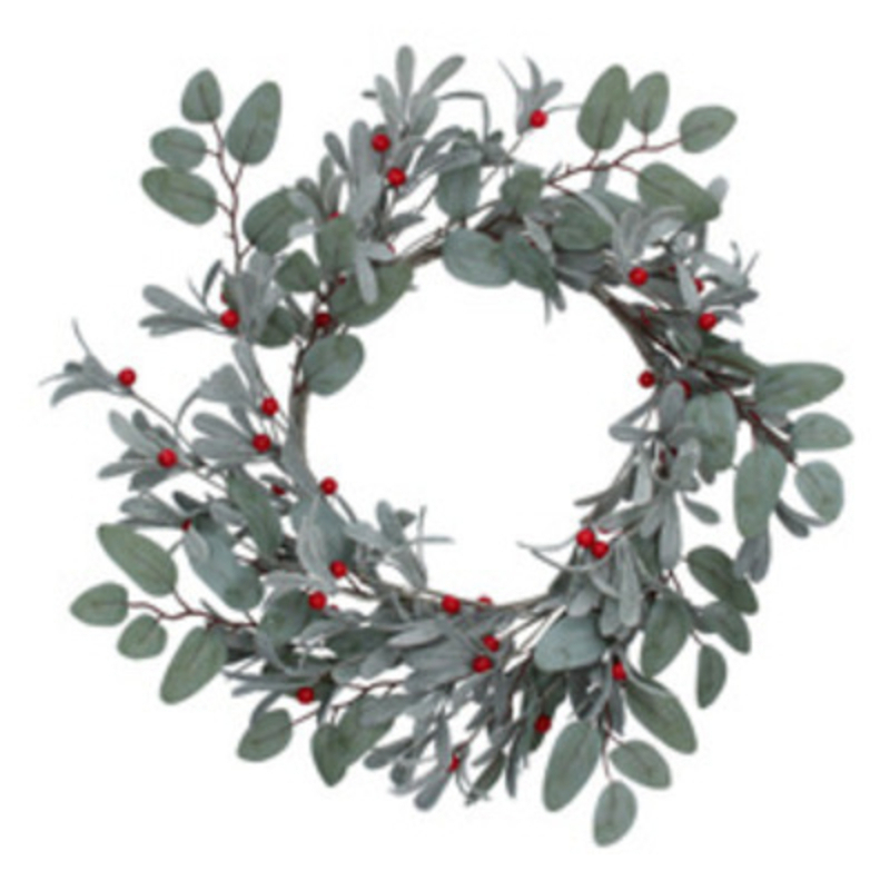 Red and pale green Christmas Door Wreath decorated with frosted leaves and eucalyptus with a few red berries. Made by London based designer Gisela Graham who designs really beautiful and unusual Christmas decorations and gifts for your home.Ê Would suit any Christmas decor and would make a lovely Christmas gift. Remember Booker Flowers and Gifts for Gisela Graham Christmas Decorations.